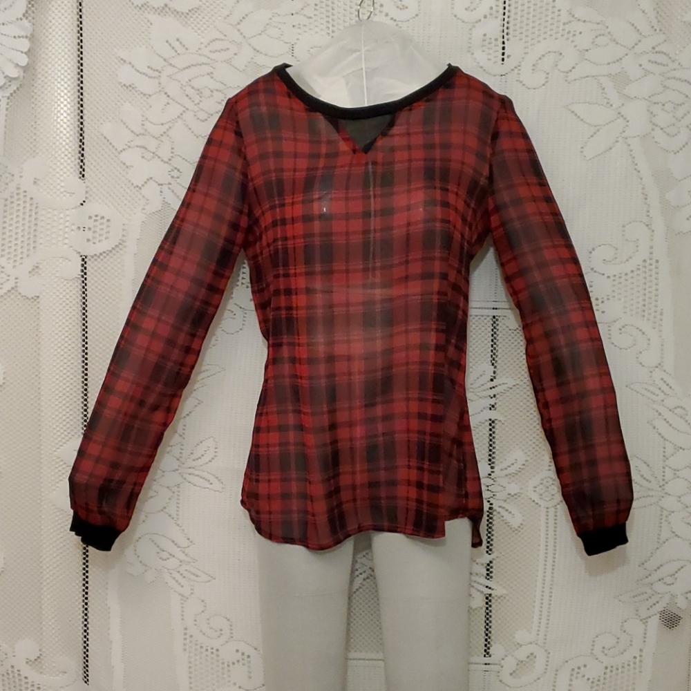 Jmk women's sheer black and red plaid blouse